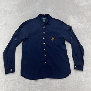 Lauren Ralph Lauren Silk Shirt Womens 4 Blue Long Sleeve Button Up Crest